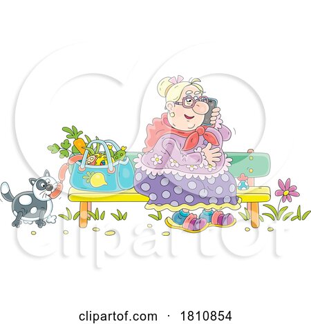 Cartoon Clipart Grandma Sitting on a Bench and Talking on a Cell Phone by Alex Bannykh