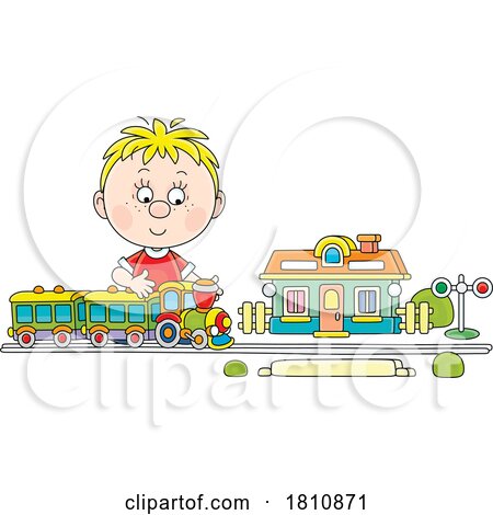 Cartoon Clipart Boy Playing with a Train by Alex Bannykh