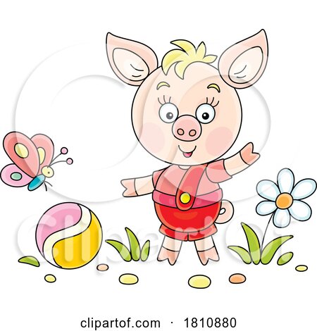 Cartoon Clipart Piglet with a Ball and Butterfly by Alex Bannykh