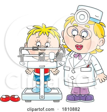 Cartoon Clipart Boy Getting Weighed by a Doctor or Nurse by Alex Bannykh