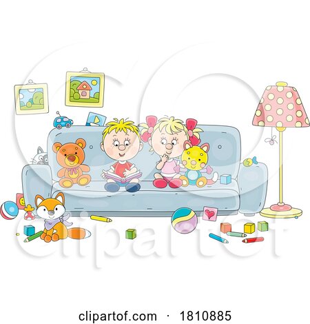 Cartoon Clipart Kids Reading on a Couch by Alex Bannykh