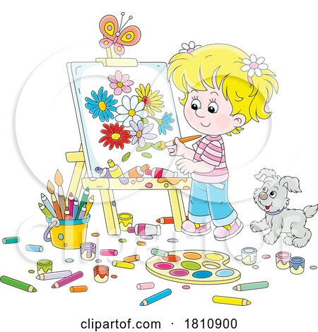 Cartoon Clipart Girl Painting Flowers by Alex Bannykh