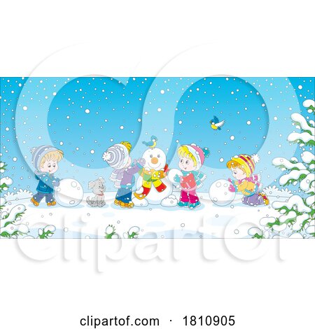 Cartoon Clipart Kids Building a Snowman by Alex Bannykh