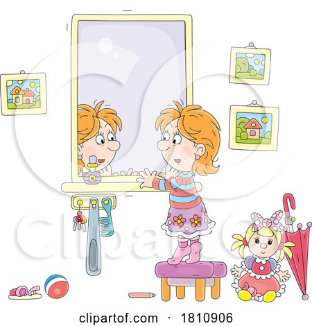 Cartoon Clipart Girl Looking in a Mirror by Alex Bannykh