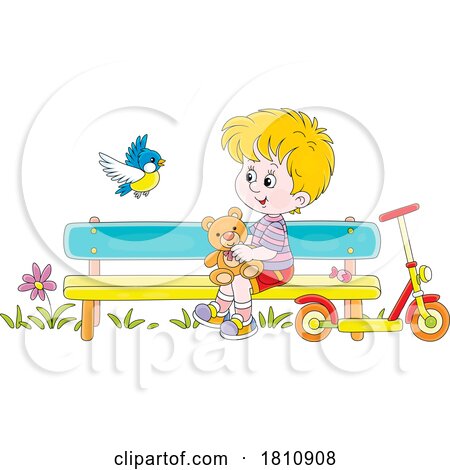 Cartoon Clipart Boy on a Park Bench by Alex Bannykh