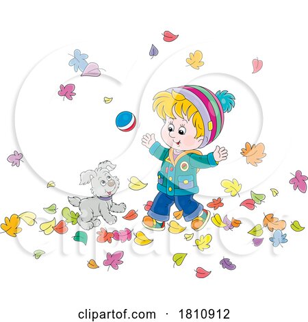 Cartoon Clipart Boy and Puppy Playing in Fall Leaves by Alex Bannykh