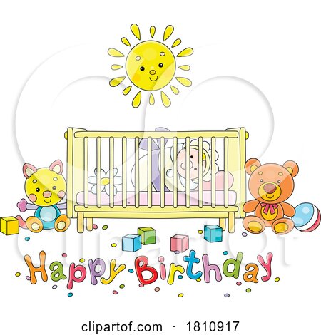 Cartoon Clipart Baby in a Crib with Happy Birthday Text by Alex Bannykh