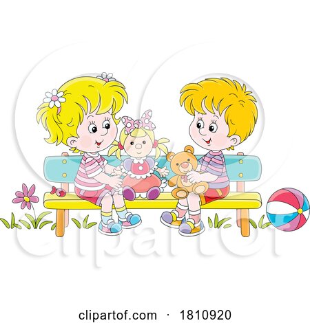Cartoon Clipart Kids Playing on a Bench by Alex Bannykh