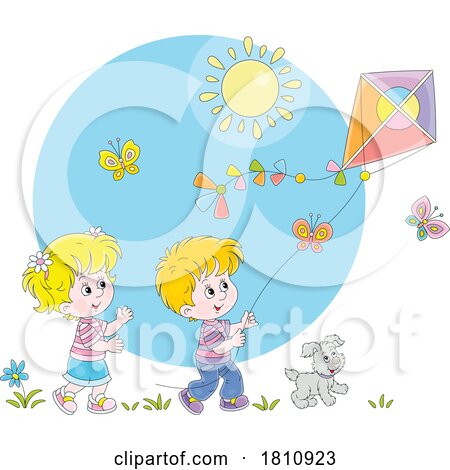 Cartoon Clipart Kids Flying a Kite by Alex Bannykh