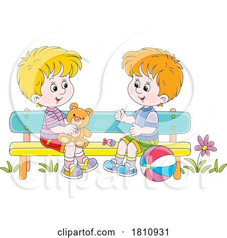 Cartoon Clipart Boys on a Park Bench by Alex Bannykh