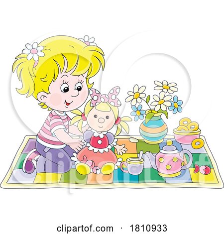 Cartoon Clipart Girl Playing with Her Doll and Tea Set by Alex Bannykh