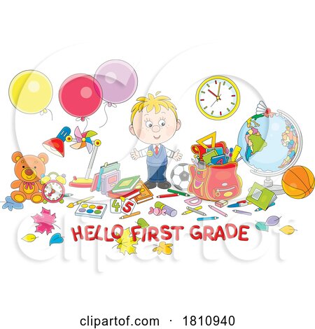 Cartoon Clipart Student with Hello First Grade Text by Alex Bannykh