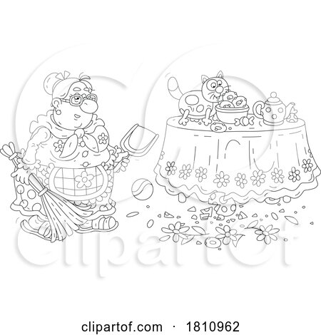 Cartoon Clipart Grandma Cleaning Broken Glass After a Cat Knocked It off of a Table by Alex Bannykh
