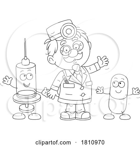 Cartoon Clipart Doctor with a Syringe and Pill by Alex Bannykh