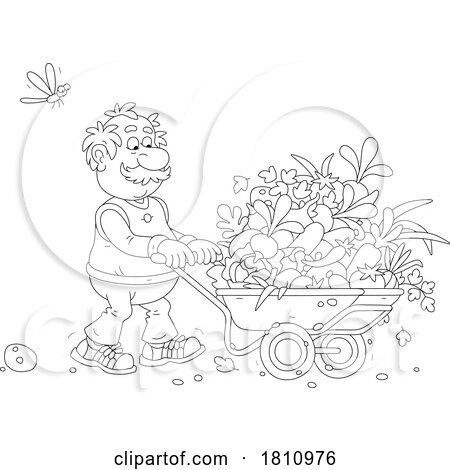 Cartoon Clipart Grandpa Pushing a Wheelbarrow of Produce by Alex Bannykh