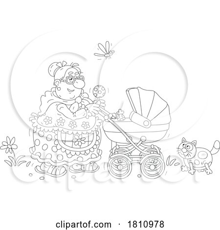 Cartoon Clipart Grandma Pushing a Baby Carriage by Alex Bannykh