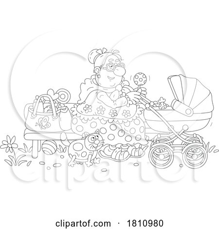 Cartoon Clipart Grandma Sitting with a Baby Carriage by Alex Bannykh