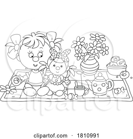 Cartoon Clipart Girl Having a Picnic with Her Doll by Alex Bannykh
