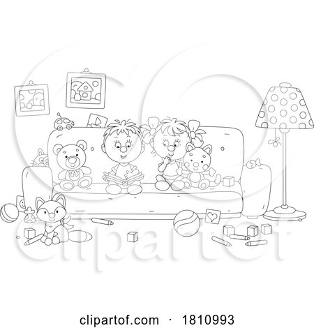 Cartoon Clipart Kids Reading on a Couch by Alex Bannykh