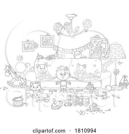Cartoon Clipart Boy with Toys in a Living Room by Alex Bannykh