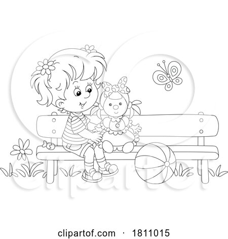 Cartoon Clipart Girl Sitting on a Bench with Her Doll by Alex Bannykh