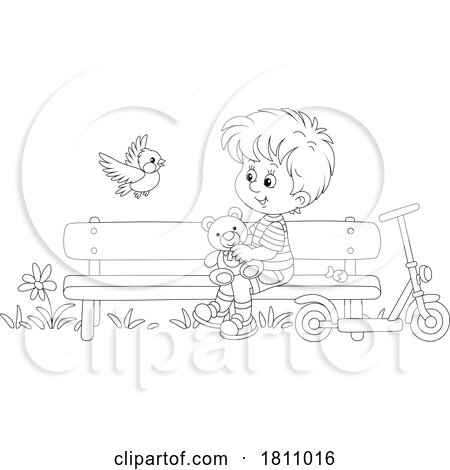 Cartoon Clipart Boy on a Park Bench by Alex Bannykh