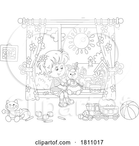 Cartoon Clipart Girl Sitting in a Window with Her Doll by Alex Bannykh