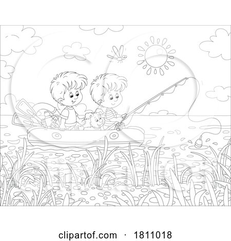 Cartoon Clipart Boys Fishing in a Raft by Alex Bannykh