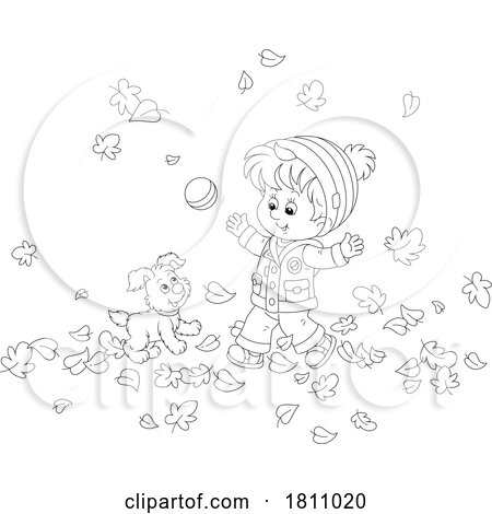 Cartoon Clipart Boy and Puppy Playing in Fall Leaves by Alex Bannykh