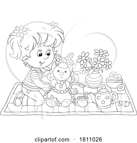 Cartoon Clipart Girl Playing with Her Doll and Tea Set by Alex Bannykh