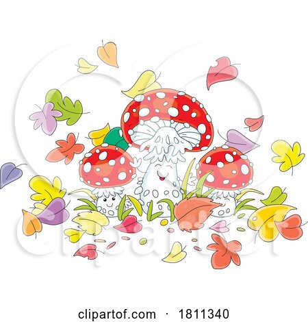 Licensed Clipart Cartoon Fly Agaric Mushroom Characters with Leaves by Alex Bannykh