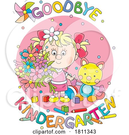 Licensed Clipart Cartoon Girl with Goodbye Kindergarten Text by Alex Bannykh