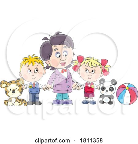 Licensed Clipart Cartoon Kindergartener Students and Teacher with Toys by Alex Bannykh
