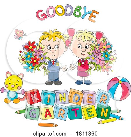 Licensed Clipart Cartoon Students and Teacher with Goodbye Kindergarten Text by Alex Bannykh