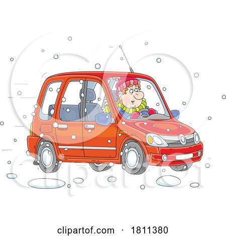 Licensed Clipart Cartoon Man Driving a Car in the Snow by Alex Bannykh