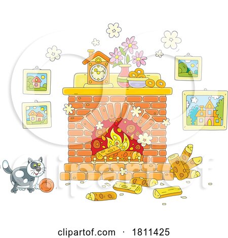 Licensed Clipart Cartoon Cat Playing by a Fireplace by Alex Bannykh