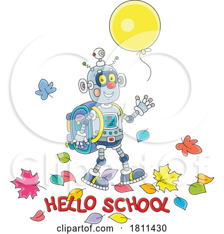 Licensed Clipart Cartoon Robot with Hello SchoolText by Alex Bannykh
