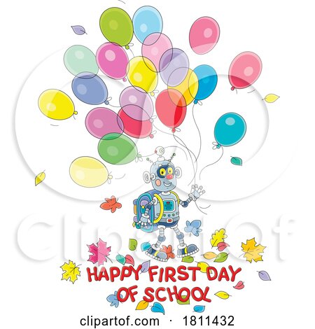 Licensed Clipart Cartoon Robot with Balloons and Happy First Day of School Text by Alex Bannykh