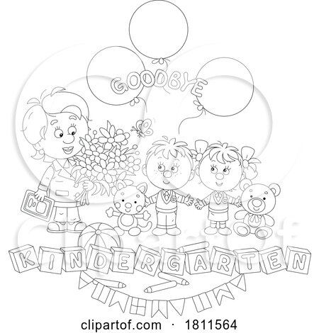 Licensed Clipart Cartoon Students and Teacher with Goodbye Kindergarten Text by Alex Bannykh