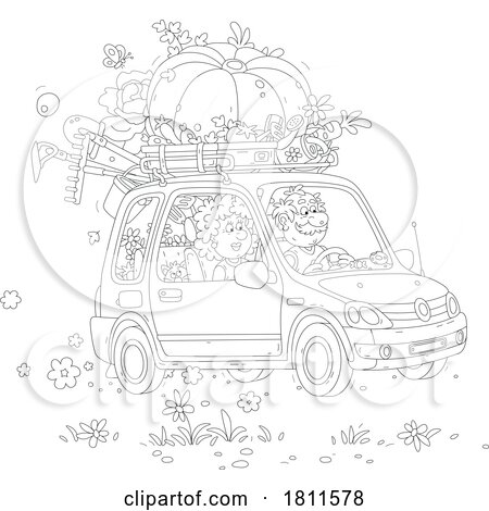 Licensed Clipart Cartoon Senior Couple in a Car with a Giant Pumpkin and Garden Stuff on Top by Alex Bannykh