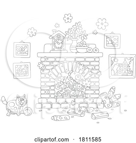 Licensed Clipart Cartoon Cat Playing by a Fireplace by Alex Bannykh