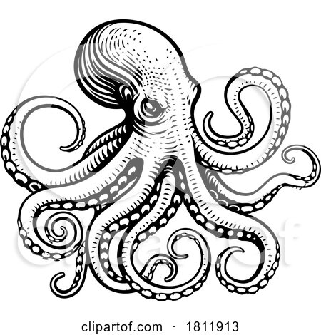 Octopus Cthulhu Tattoo Woodcut Kraken Mascot Squid by AtStockIllustration
