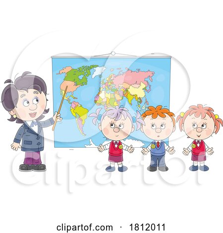 Cartoon School Children and Teacher with a Map by Alex Bannykh