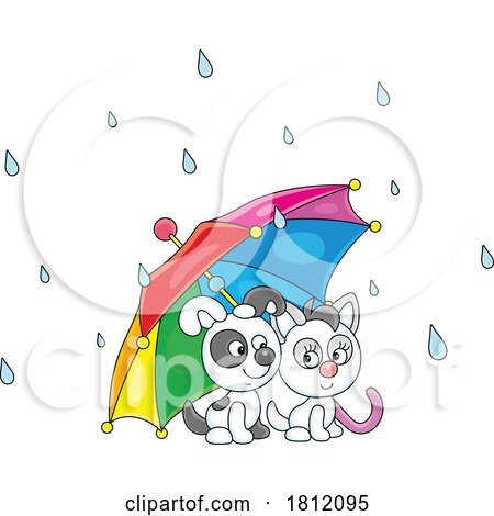 Cartoon Kitty Cat and Puppy Under an Umbrella by Alex Bannykh