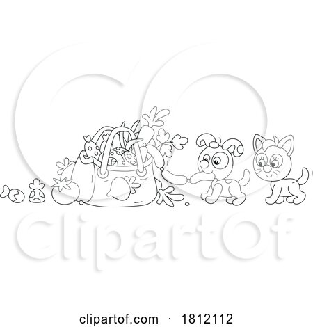 Cartoon Puppy and Kitten Taking Sausage from a Grocery Bag by Alex Bannykh
