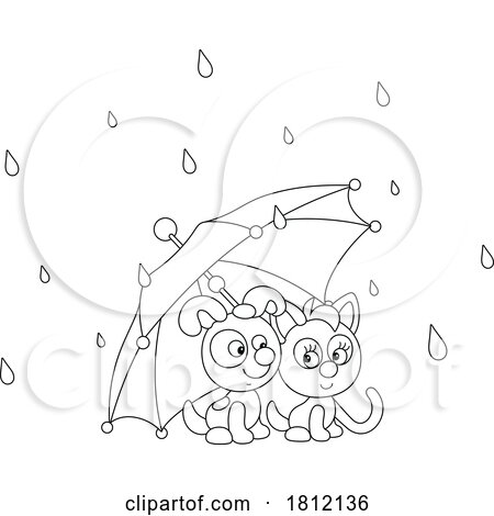 Cartoon Kitty Cat and Puppy Under an Umbrella by Alex Bannykh