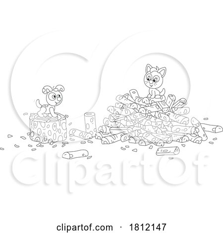 Cartoon Kitty Cat and Puppy Playing in Firewood by Alex Bannykh