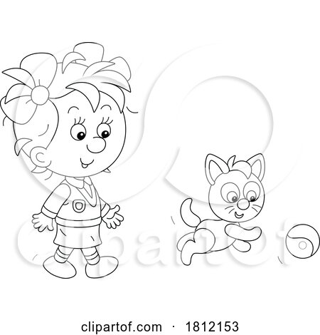 Cartoon Girl Playing with Her Cat by Alex Bannykh