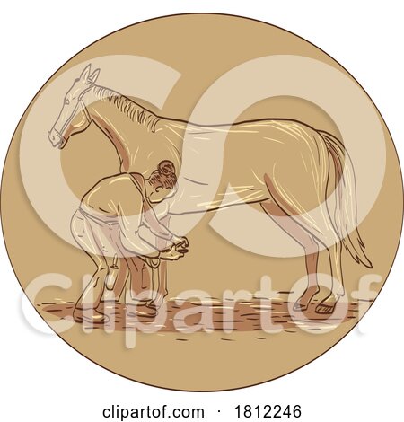 Female Farrier Placing Horseshoe on Horse Hoof Horseshoe Side View in Circle Drawing by patrimonio