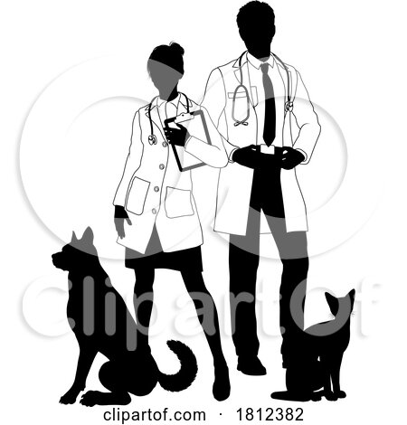 Man and Woman Vets Dog and Cat Pets Silhouette by AtStockIllustration